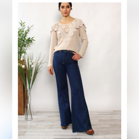 Democracy crochet sweater Large long sleeve top knit sweater lace crochet detail - Picture 3 of 14